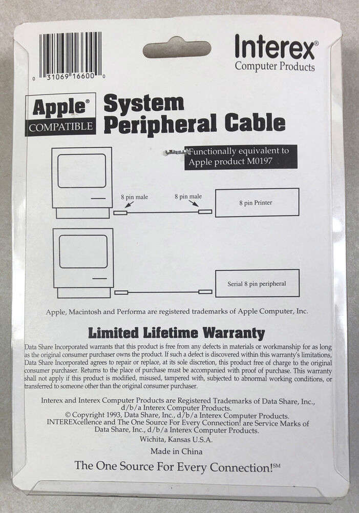 6FT Serial Cable I-66A for Apple/Mac - New Old Stock