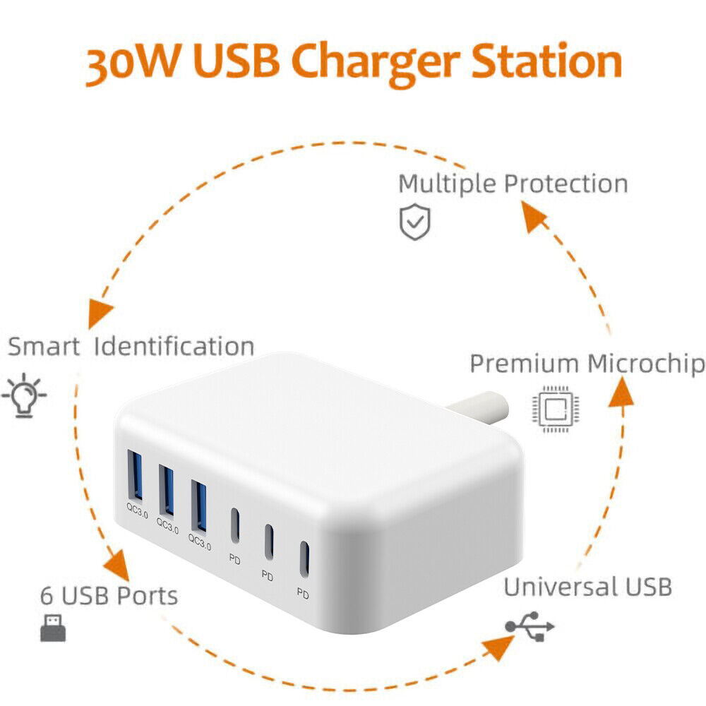 6-Port USB Hub with USB-C PD Charger for Fast Charging