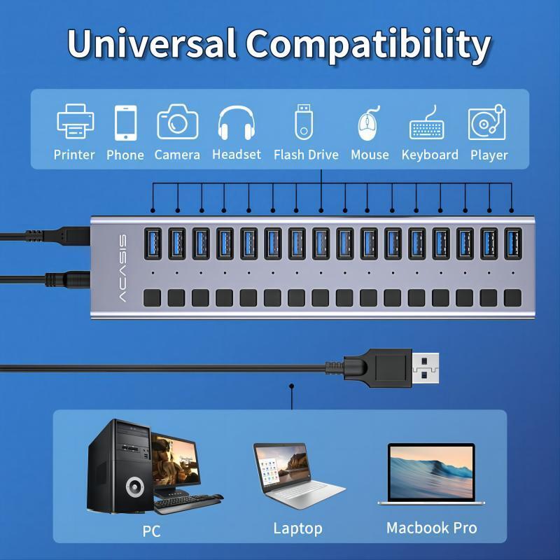 ACASIS Powered USB Hub - Multi-port USB 3.0 Data/Charge Hub with Individual Switch
