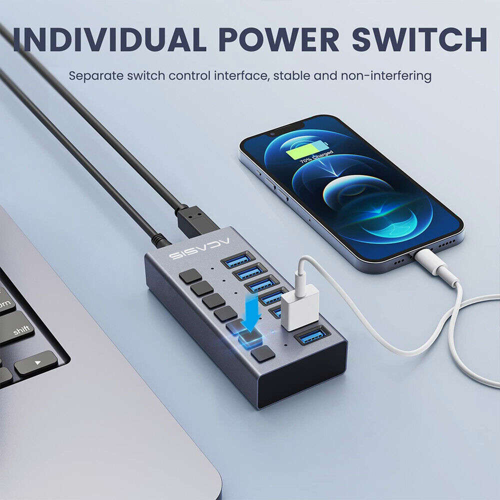 ACASIS Powered USB Hub - Multi-port USB 3.0 Data/Charge Hub with Individual Switch