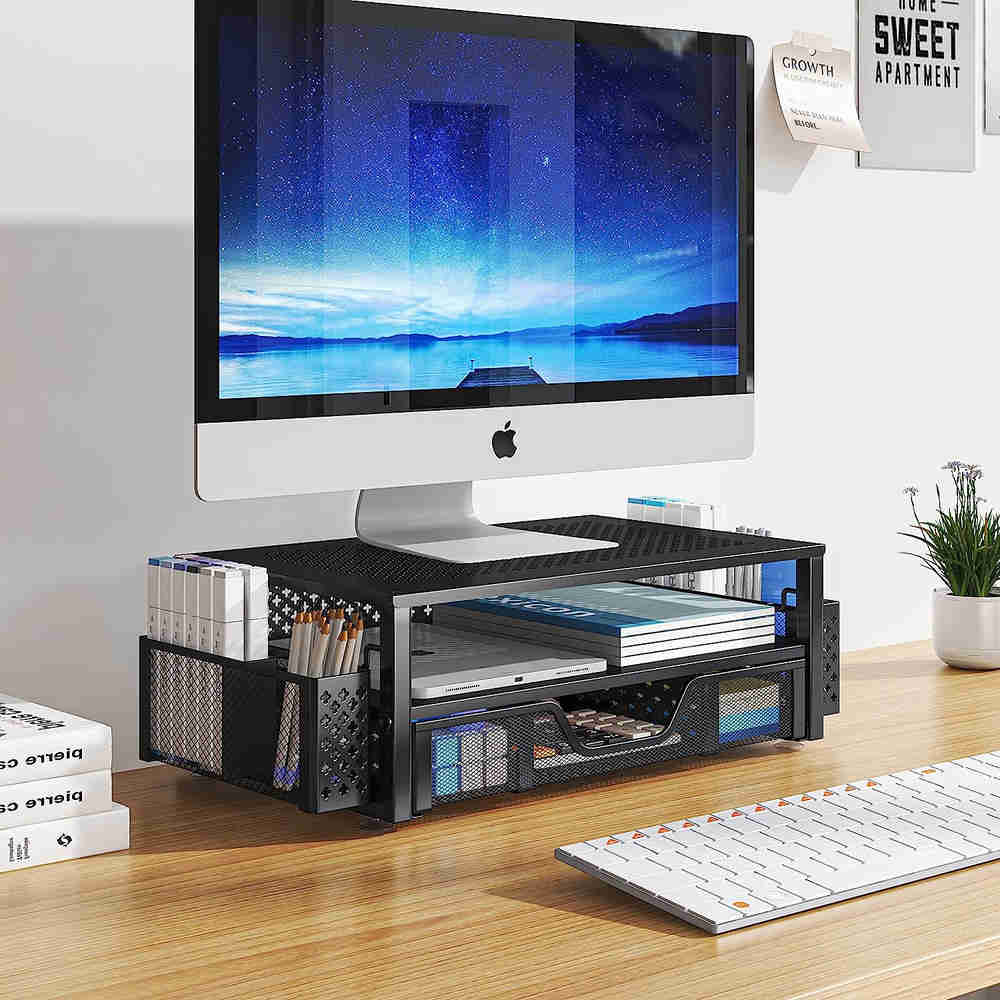 2 Tier Metal Monitor Stand with Drawer - Desk Organizer