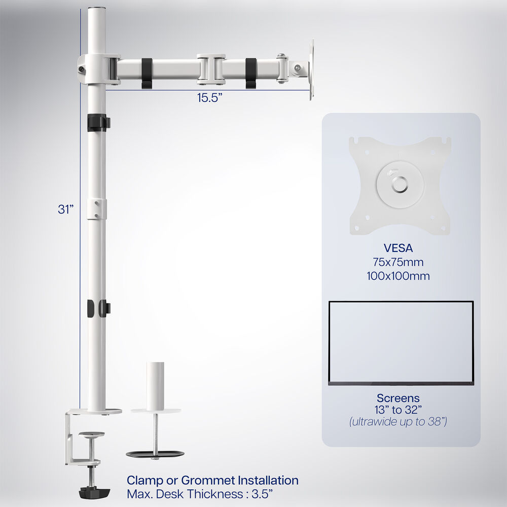 White Single Monitor Desk Mount Extra Tall Adjustable Stand for up to 32 Screen