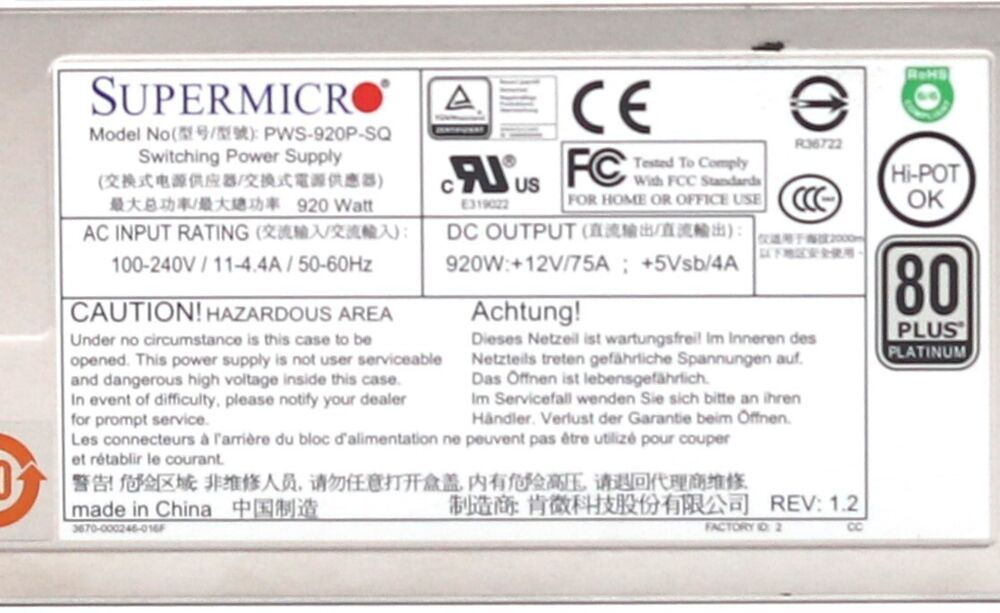 SuperMicro PWS-920P-SQ 1U 920W 80+ Platinum Redundant Power Supply