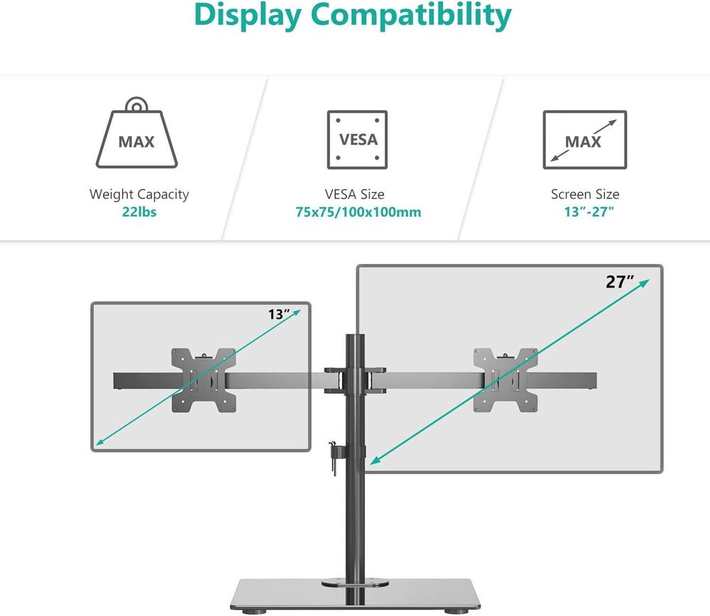 Height Adjustable Free Standing Dual Monitor Stand with Glass Base