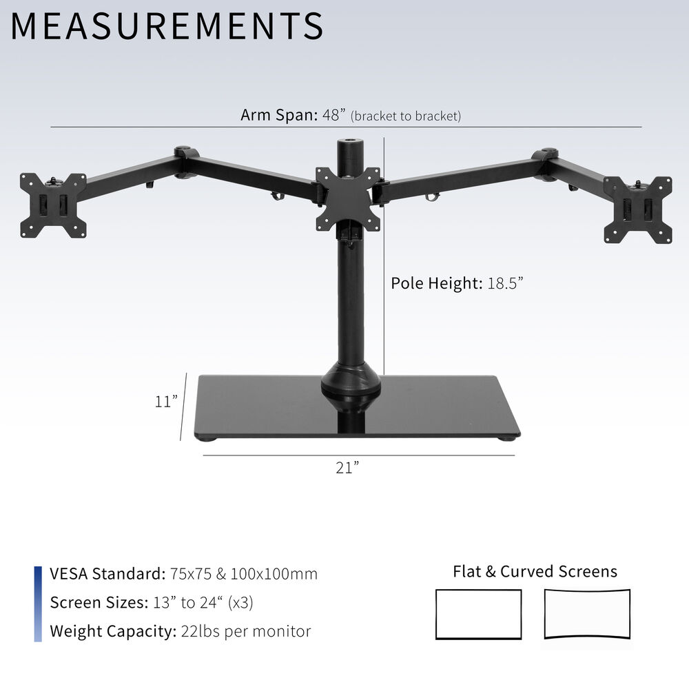 VIVO Black Triple Monitor Mount Stand with Glass Base for 3 Screens up to 24 Inches
