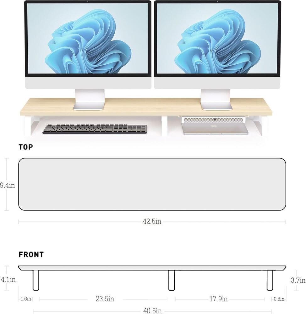 Large Dual Monitor Stand Riser - Premium Wooden Desk Organizer for 2 Monitors